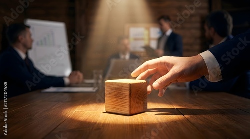 Business concept of a unique idea or solution represented by a wooden cube on a table in a boardroom meeting