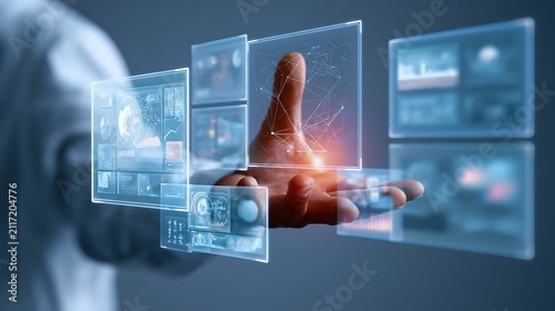hand with virtual interface and glowing screen