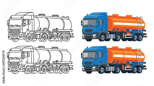 Tanker truck illustration colorful and outlined versions on a white background