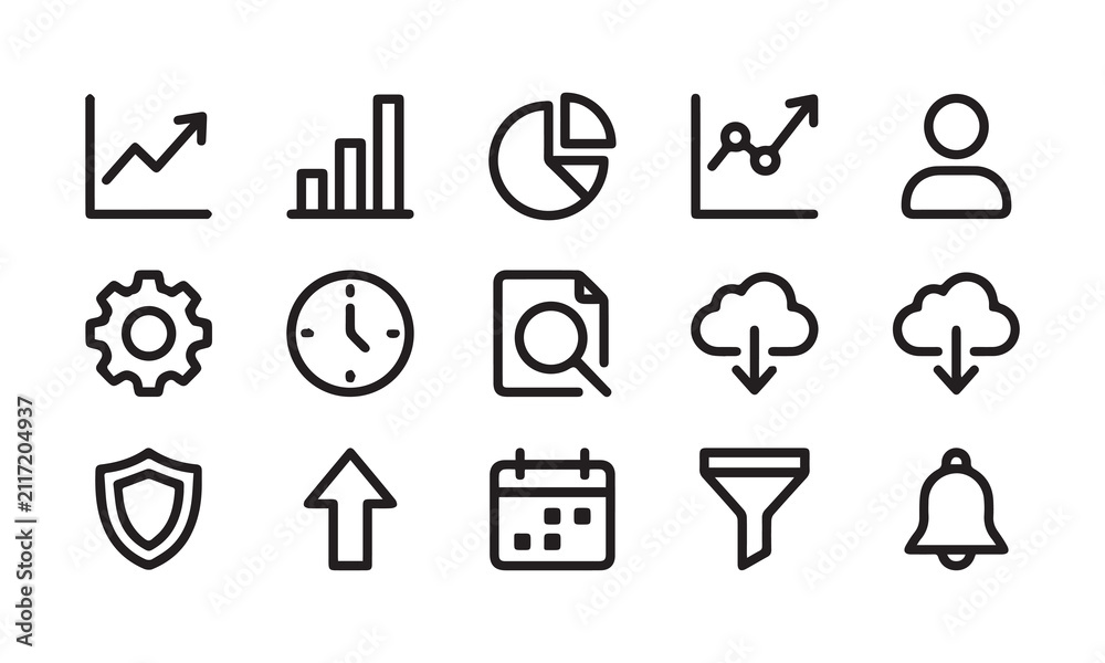 Fototapeta premium Essential business analytics and data visualization vector line icons pack set.