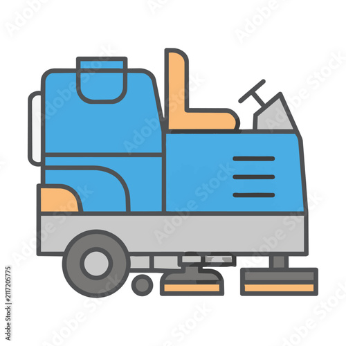 Side profile icon of a modern ride-on industrial floor scrubber machine with clean monoline shapes and geometric design isolated on white. Industrial cleaning concept