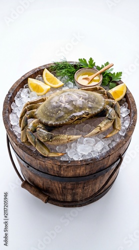 Fresh whole crab served on wooden bucket with ice in premium seafood presentation isolated on white background