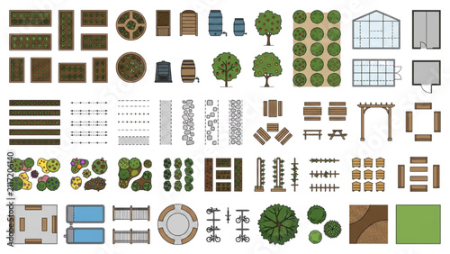 Community Garden and Urban Farming CAD Blocks Top View Landscape Architecture Vector Symbols Set