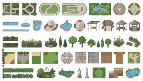 Healing Garden Landscape Architecture CAD Blocks Top View Vector Symbols for Therapeutic Park Design