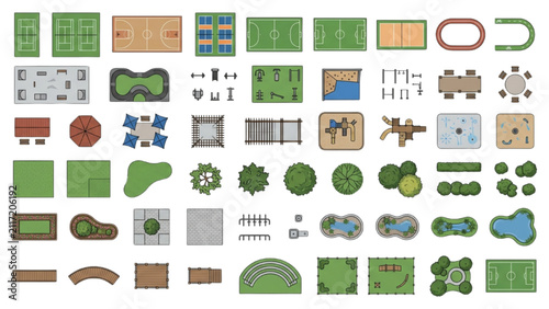 Outdoor Recreation and Park Landscape CAD Blocks Top View Vector Symbols for Site Planning