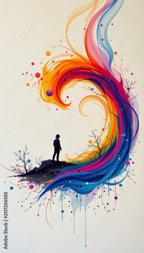 Obraz premium Clean vibrant swirling colors person silhouette elements resting on a premium minimalist organic linen shade background