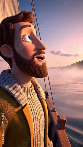Bearded man looking at sea from boat deck