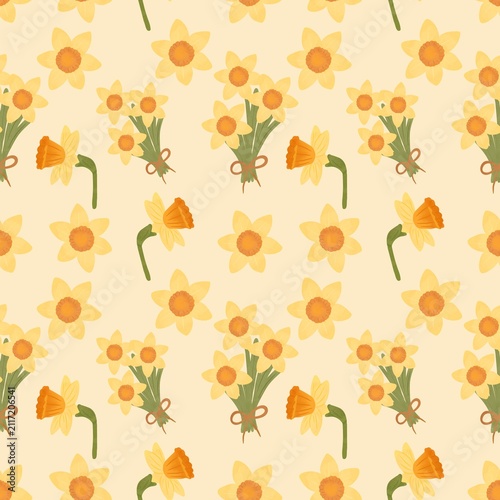 Принти на полотні Yellow daffodil flower seamless pattern with floral bouquets and single blooms on cream background