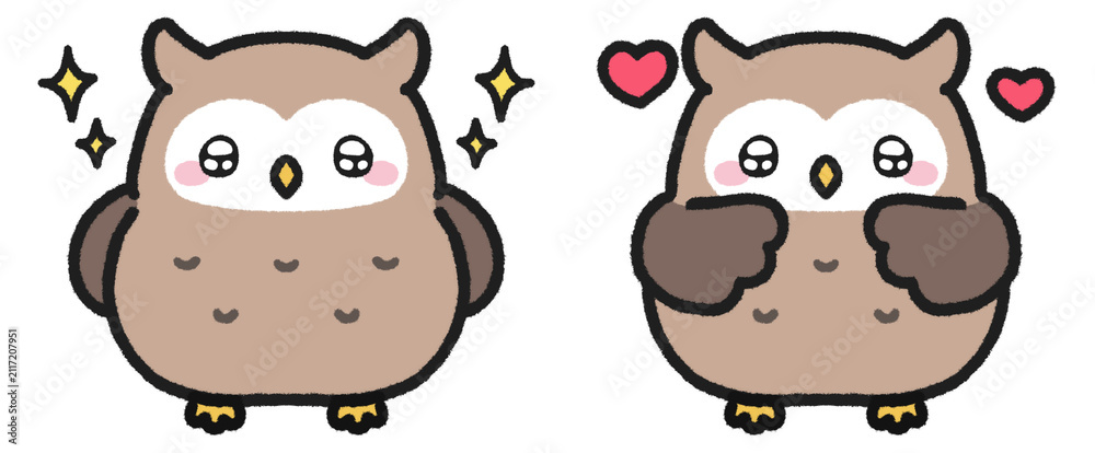 Fototapeta premium キラキラとした目で嬉しそうなミミズクのイラストセット