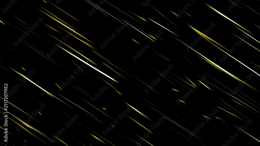 Fototapeta premium Golden streaks streak across a deep black void. Motion suggests speed, energy, or digital trails