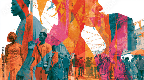 Diverse Crowd Illustration with Colorful Double Exposure Silhouettes
