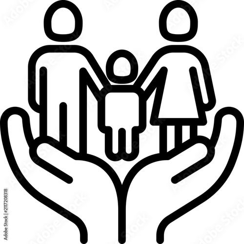 Adoptive parents, custody, child adoption thin line icon, family with child in human hands. Social protection and life insurance. Vector illustration.