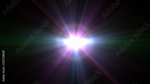 Bright light bursts from center, radiating vivid hues. Purple, green. Energy pulses with dynamic