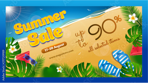Summer Sale Horizontal Beach Banner with Tropical Leaves Watermelon and Discount Promotion
