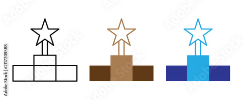 Three variations of a star trophy on a winner's podium, depicting success and achievement in outline, brown, and blue colors.