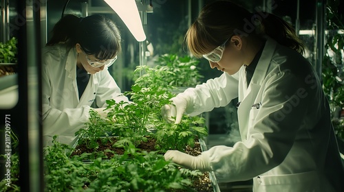 Two scientists in lab coats examine plants under grow lights.