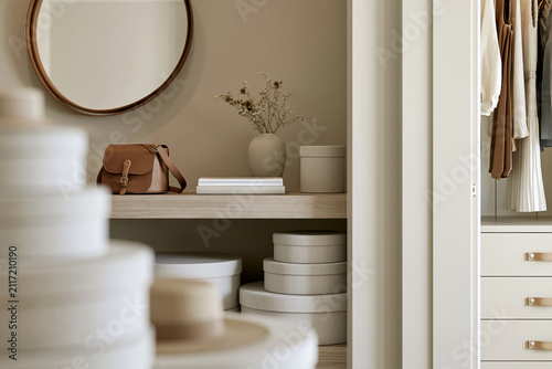 Softly blurred view of hatboxes in a modern coastal dressing room with a bleached oak shelf and warm afternoon light illuminating the space