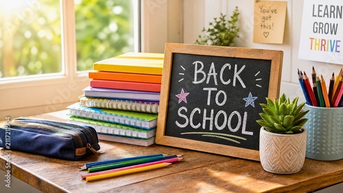 Back to school chalkboard sign with colorful notebooks and pencils on desk, representing education preparation and new academic year shopping essentials