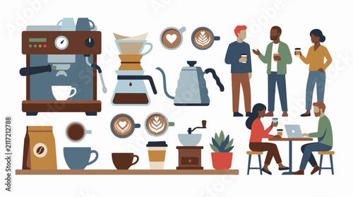 Diverse people enjoying coffee with equipment like espresso machines and grinders