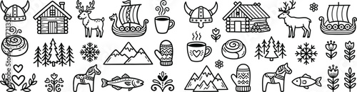Swedish Symbols Doodle Set Hand Drawn Illustration Vector.