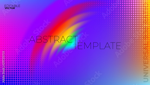 Editable vector 16:9 abstract background with electric purple backdrop, central rainbow gradient mesh burst, and halftone dot grid pattern for cover design or backdrop