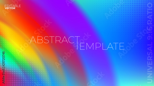 Editable vector 16:9 abstract background with diagonal rainbow gradient mesh fluid swirl and colorful halftone dot texture for presentation backdrop or web banner template