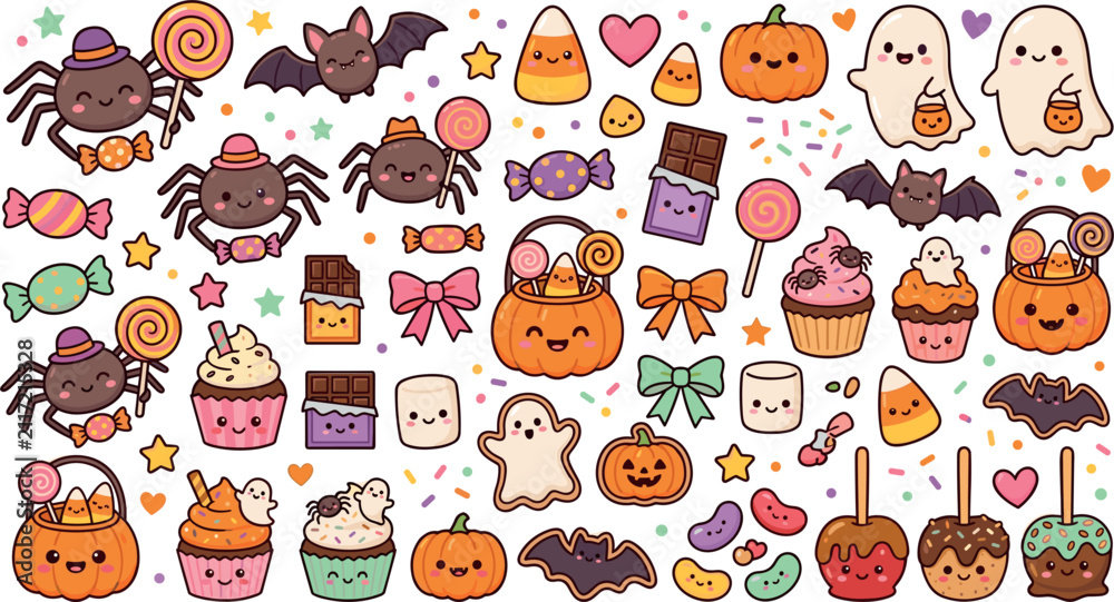 Fototapeta premium Cute kawaii Halloween sticker vector set with smiling pumpkins, ghosts, bats, spiders, cupcakes, candies, and sweet treats elements