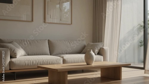 Bright modern living room interior design with neutral beige sofa and vase
