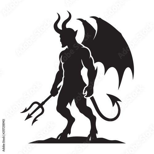 Dark silhouette of devil character with pitchfork and wings Vector
