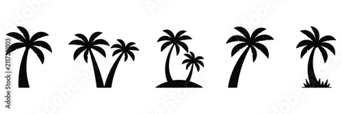 Palm tree silhouette icon set, tropical coconut trees collection, beach island summer plant graphic elements, black flora silhouettes, isolated flat nature design.