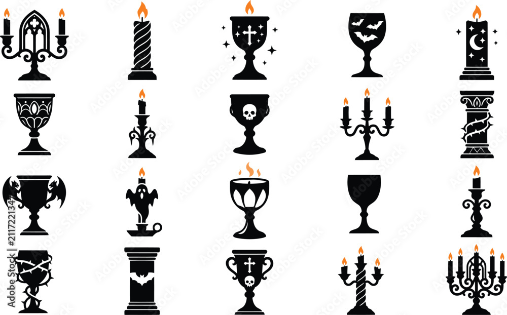Naklejka premium Set of black and white vector icons featuring various styles of decorative candles and ornate ceremonial chalices