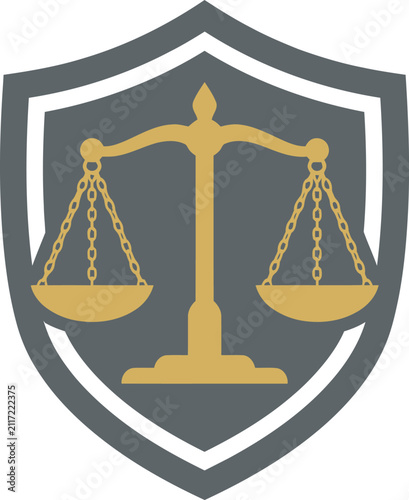 Law and justice vector icon featuring golden scales inside a dark grey shield emblem. Ideal flat graphic for legal firms, attorney branding, court services, law enforcement, and judicial web assets.