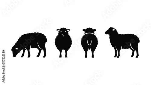фотографія Four black silhouette sheep standing and grazing with transparent background