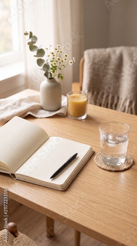 An open notebook with a pen rests on a wooden table next to a glass of water, a candle, and a vase of flowers, creating a serene and inviting atmosphere for reflection and creativity.