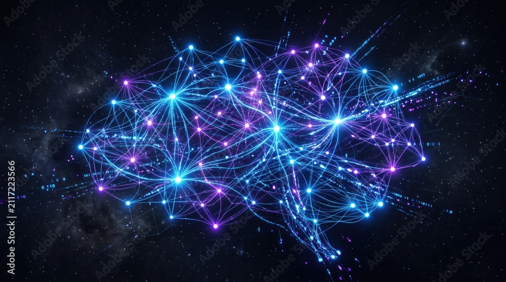 Fototapeta premium Futuristic artificial intelligence brain made of digital neural networks, glowing cybernetic mind with binary code streams representing machine learning and deep learning