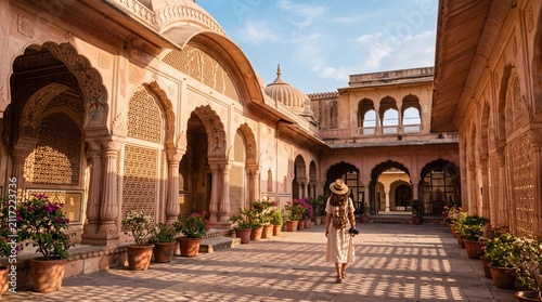 A lone traveler wanders through the sun-drenched courtyard of an ancient Indian palace, its intricate arches and potted flora whispering tales of history and culture.