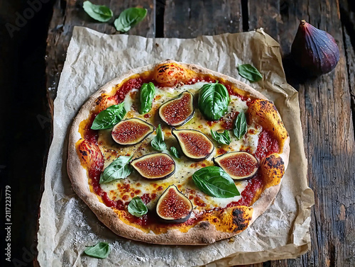Delicious pizza with figs, mozzarella and basil on wooden background