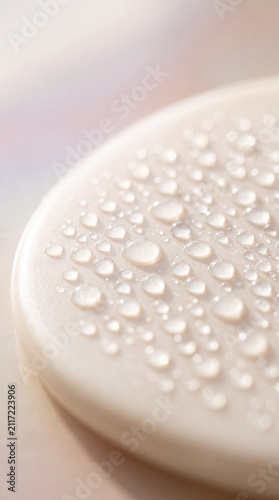 Close-up of numerous clear water droplets resting on a smooth, pale surface, creating a delicate, almost ethereal texture.