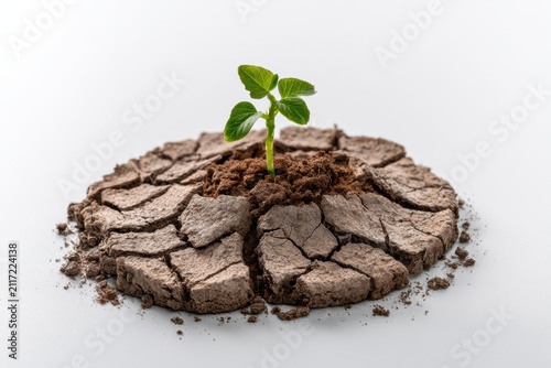 A small green seedling emerges from cracked dry earth to show resilience and growth after a period of depletion