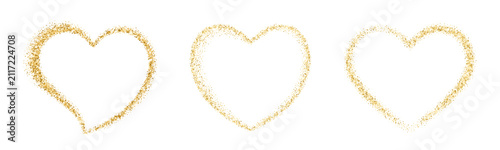 Glitter heart frame set. Golden love borders with shimmer, particle glow, luxury sparkle for valentine photo, wedding picture, romantic card, decorative elegant glamour elements. Vector illustration
