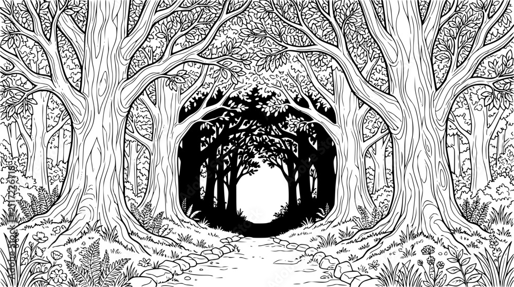 Fototapeta premium Enchanted Forest Path Through Tree Tunnel Coloring Page for Adults