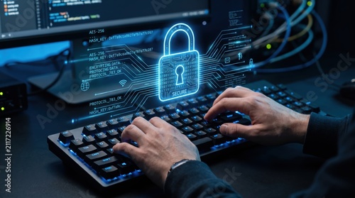 Cybersecurity, hacker typing code on keyboard with digital lock hologram, data encryption, network security protection, IT technology, secure system access, privacy defense.
