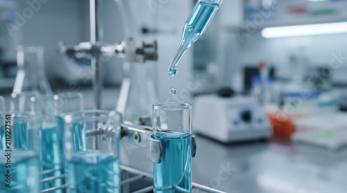 Researcher holding glass pipette over test tube dropping blue experimental solution in clinical laboratory setting for advanced scientific studies and medical development.