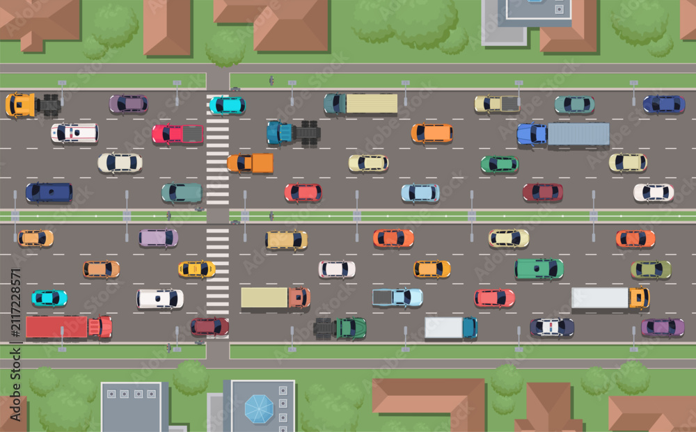 Obraz premium Top view busy multi lane city traffic with cars, trucks, pedestrian crossings, and surrounding buildings. Vector illustration