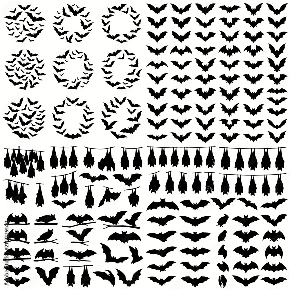 Fototapeta premium Halloween bats silhouettes template. Collection of bat icons. Black flying bats set. Halloween design element. Circle wreath pattern. Vector illustration isolated on White Background Back to