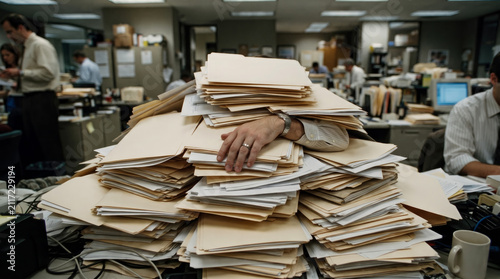 Overwhelmed office worker buried under massive pile of manila folders and paperwork, representing high stress, workload, and administrative burden in busy corporate environment.