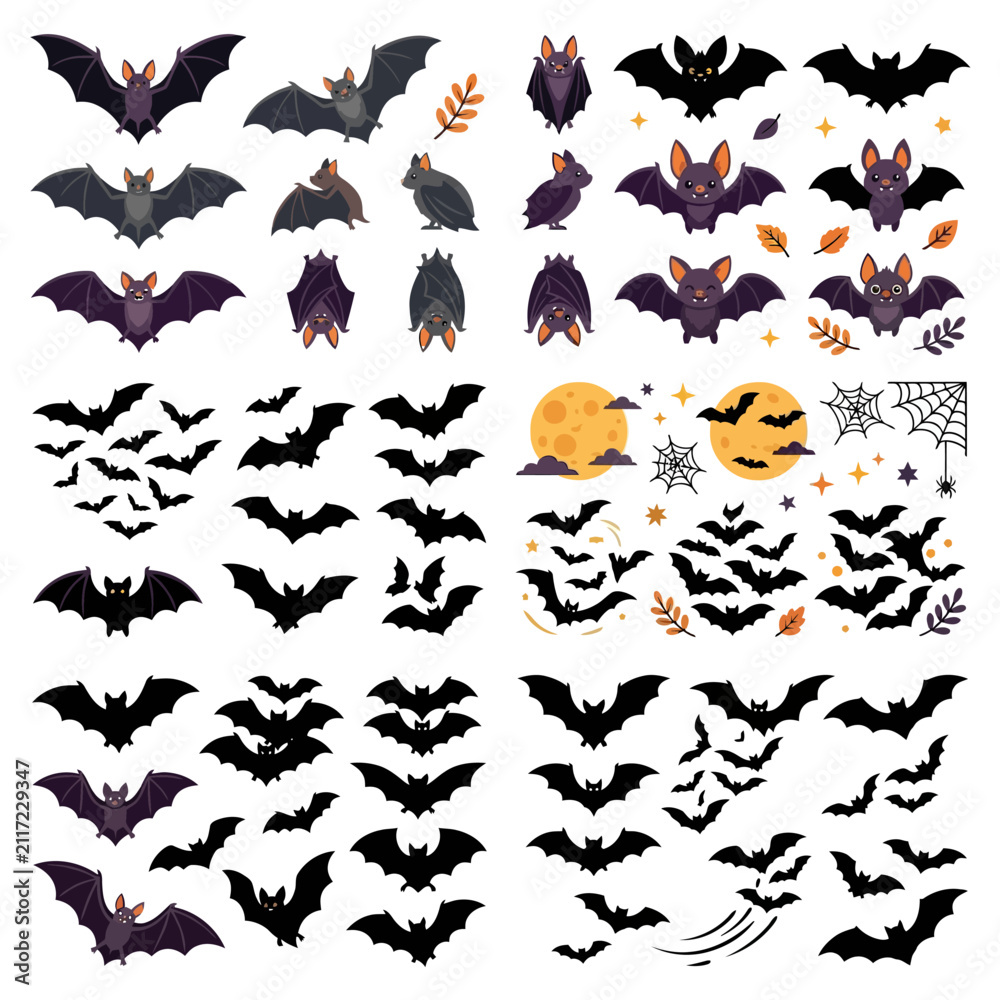 Fototapeta premium A comprehensive collection of bat illustrations includes various styles, from detailed cartoon bats to flat black silhouettes, alongside elements like a full moon and spiderwebs.