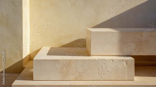 Contemporary minimal marble and stone platforms with layered geometric surfaces, warm natural light casting elegant shadows, fine grain texture, sophisticated architecture and luxury background