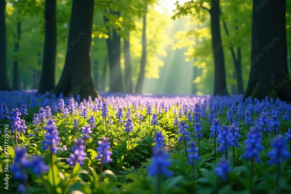 Obraz premium Deep bluebell wood, dappled sunlight on wildflowers , bluebells, flowers