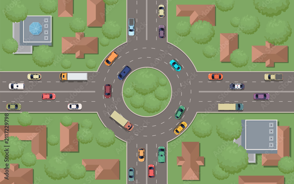 Fototapeta premium Top view city roundabout with traffic flow and surrounding buildings. Vector illustration